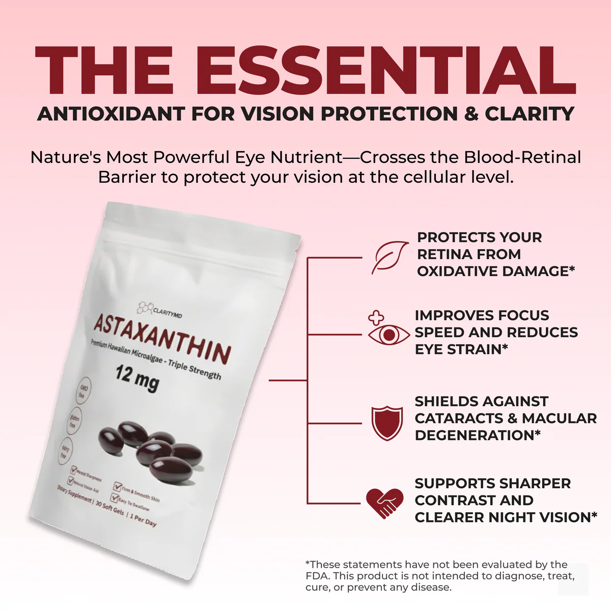 ClarityMD Astaxanthin Softgels - Naturally Protects Your Eye Cells To Restore Sharp, Clear Vision