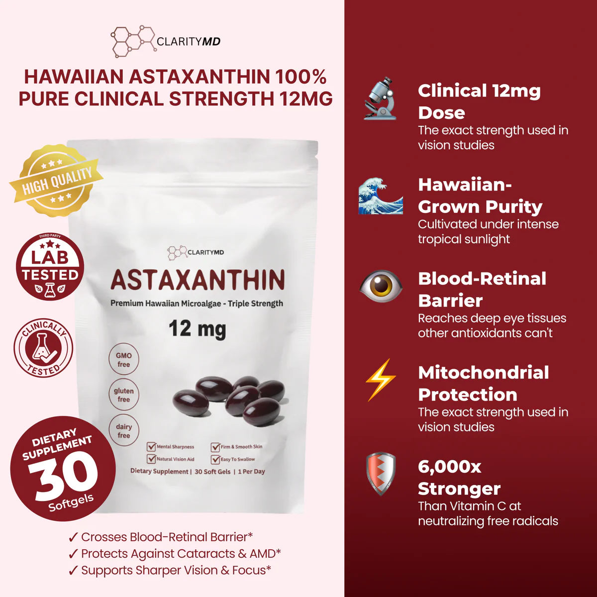 ClarityMD Astaxanthin Softgels - Naturally Protects Your Eye Cells To Restore Sharp, Clear Vision